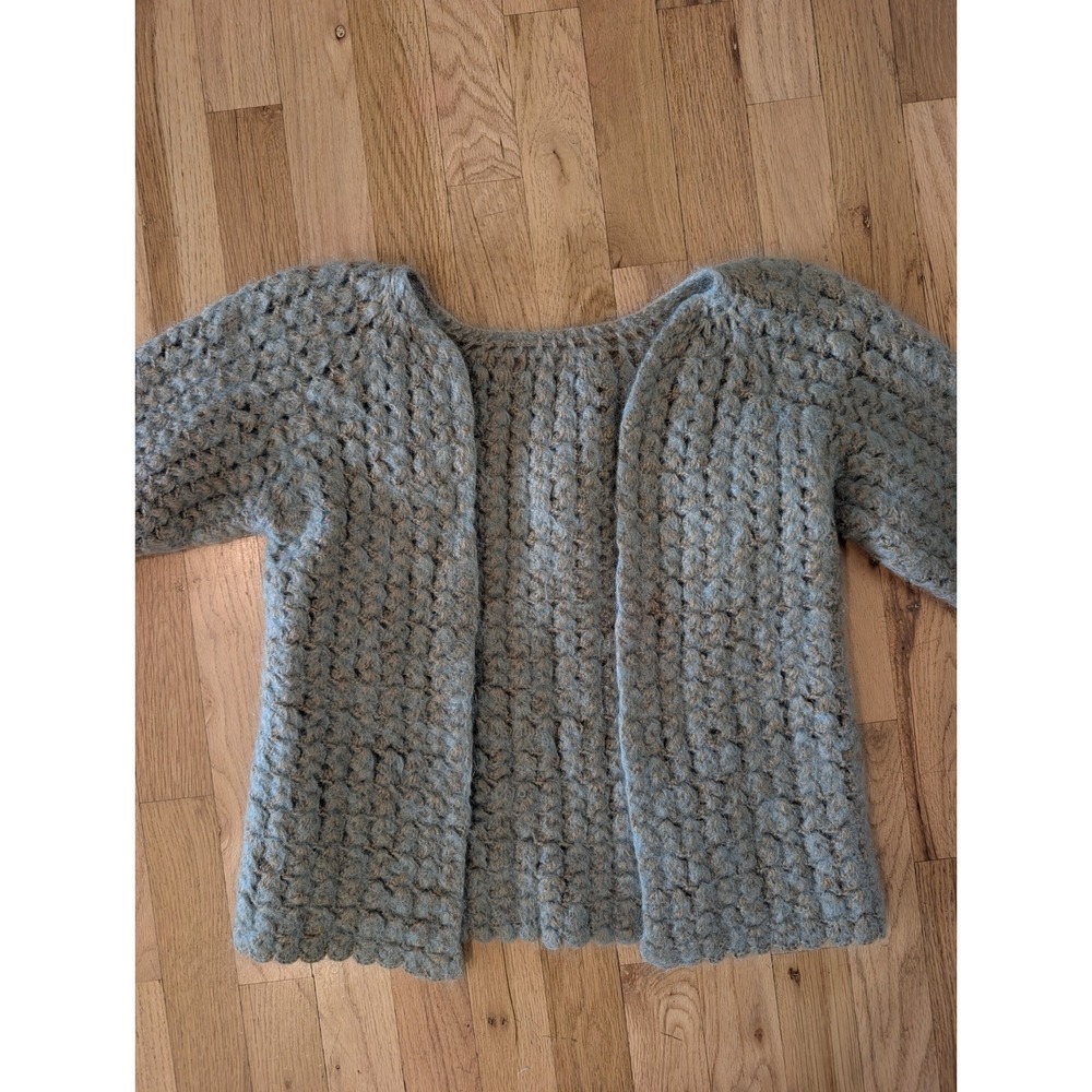 Handmade Blue Chunky Knit Crochet Wool Cardigan Sweater Open Front Girls 10 12 - Picture 2 of 12